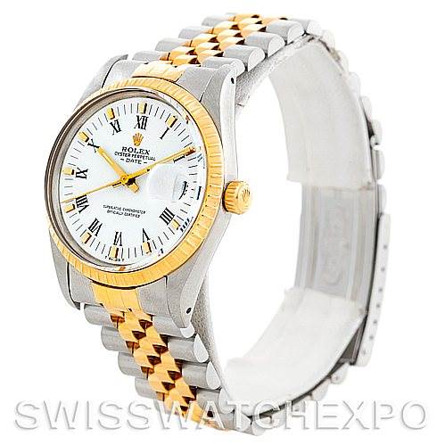 The image shows a Rolex Vintage Collection 15053 Men's Stainless Steel White Dial 15053 Men's Stainless Steel White Dial watch angled to display its face, bezel, crown, and two-tone bracelet.