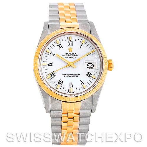 This image shows a Rolex Vintage Collection 15053 Men's Stainless Steel White Dial 15053 Men's Stainless Steel White Dial watch from a front angle, featuring a two-tone bracelet, date window, white dial, and gold bezel.