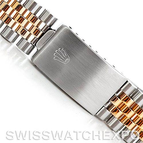 This image shows a close-up of the clasp and bracelet of a Rolex Vintage Collection 15053 Men's Stainless Steel White Dial 15053 Men's Stainless Steel White Dial watch, featuring a combination of silver and gold links.