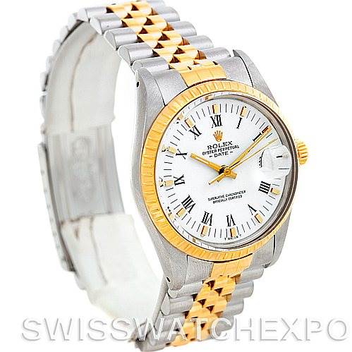 This Rolex Vintage Collection 15053 Men's Stainless Steel White Dial 15053 Men's Stainless Steel White Dial model is shown from a high-angle, showcasing its face, bezel, and two-tone metal bracelet.