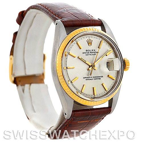 This image shows a Rolex Vintage Collection 1601 Men's Stainless Steel Silver Dial 1601 Men's Stainless Steel Silver Dial watch angled from the front-left, displaying its dial, bezel, and leather strap.