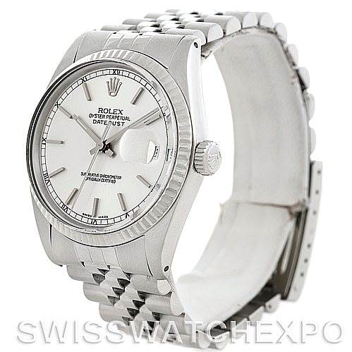 This image shows a side angle of the Rolex Vintage Collection 16014 Men's Stainless Steel Silver Dial 16014 Men's Stainless Steel Silver Dial Datejust model, highlighting the dial, bezel, case, and part of the bracelet.