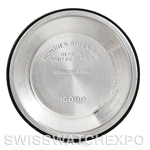 This image shows the interior case back of a vintage Rolex watch model 16000, labeled "Montres Rolex S.A Geneva Switzerland Stainless Steel."