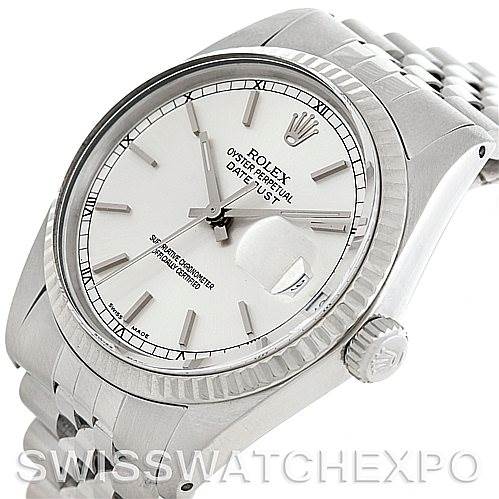 The image shows a Rolex Vintage Collection 16014 Men's Stainless Steel Silver Dial 16014 Men's Stainless Steel Silver Dial Datejust watch at an angle displaying the dial, bezel, crown, and part of the bracelet.