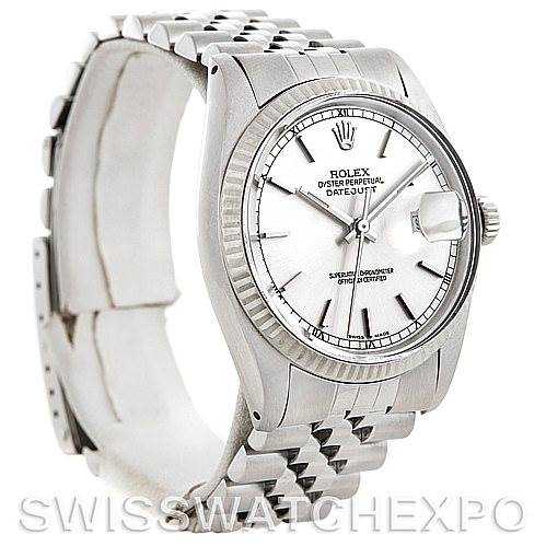 The Rolex Vintage Collection 16014 Men's Stainless Steel Silver Dial 16014 Men's Stainless Steel Silver Dial model is shown at an angled side view, highlighting the watch face, bezel, crown, and bracelet.
