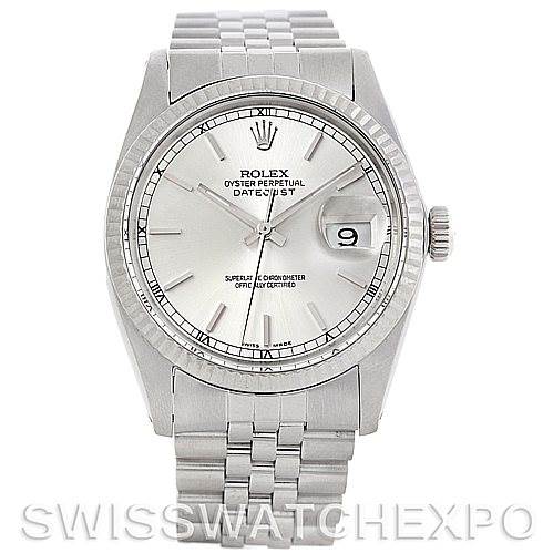 This is a front view of a Rolex Vintage Collection 16014 Men's Stainless Steel Silver Dial 16014 Men's Stainless Steel Silver Dial Oyster Perpetual Datejust, showing the watch face, bezel, bracelet, and date window.