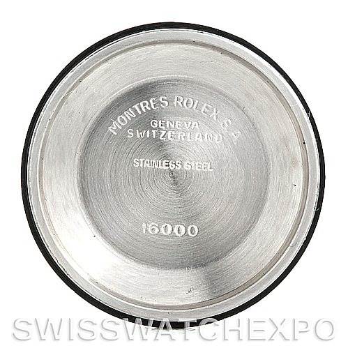 This image shows the inside of the case back of a Vintage Collection Rolex watch, marked with "Montres Rolex S.A. Geneva Switzerland Stainless Steel 16000."