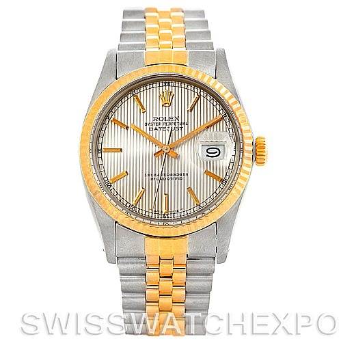 The image shows a front view of a Rolex Vintage Collection 16013 Men's Stainless Steel Silver Dial 16013 Men's Stainless Steel Silver Dial watch with a two-tone metal bracelet and a date display.
