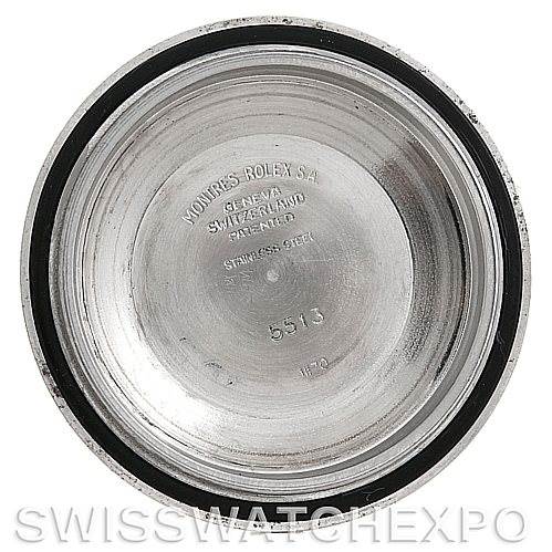 This image shows the inside of the case back of a Vintage Collection Rolex watch, displaying model information and material details.