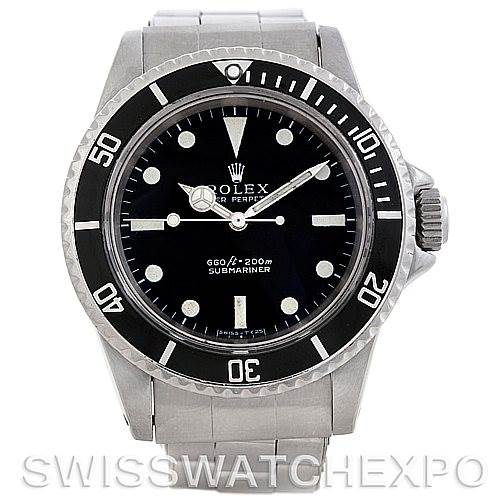 This image shows a front view of the Rolex Vintage Collection 5513 Men
s Stainless Steel Black Dial 5513 Men
s Stainless Steel Black Dial Submariner watch, displaying its face, bezel, and bracelet.