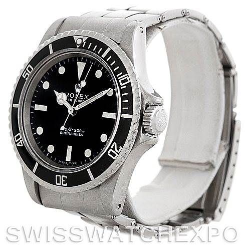 The image shows a side angle of the Rolex Vintage Collection 5513 Men
s Stainless Steel Black Dial 5513 Men
s Stainless Steel Black Dial watch, highlighting the bezel, crown, dial, and bracelet.