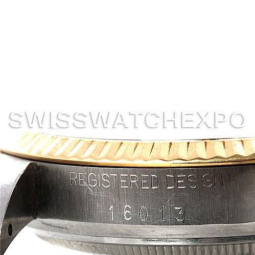 This image shows the side of the bezel and case of a Rolex Vintage Collection 16013 Men's Stainless Steel White Dial 16013 Men's Stainless Steel White Dial model, featuring the engraved design number "16013."
