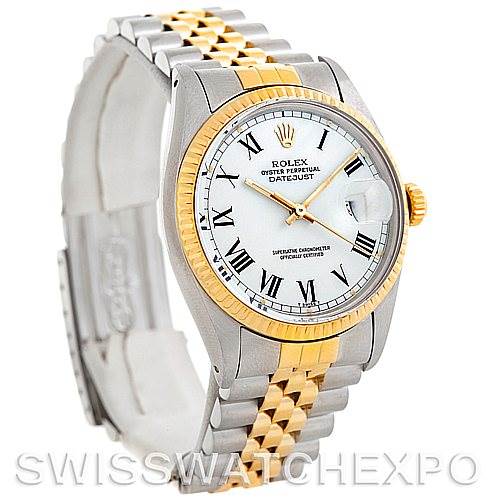 The photo shows a Rolex Vintage Collection 16013 Men's Stainless Steel White Dial 16013 Men's Stainless Steel White Dial Datejust model at a front angle, highlighting its dial, bezel, and bracelet.
