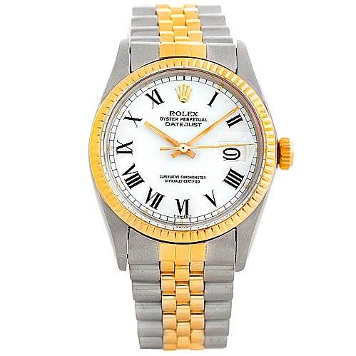 The image shows a front view of the Rolex Vintage Collection 16013 Men's Stainless Steel White Dial 16013 Men's Stainless Steel White Dial watch, displaying the dial, bezel, crown, and two-tone bracelet.