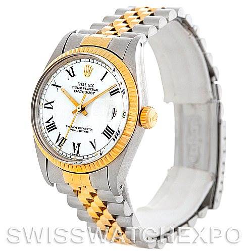 This image shows a Rolex Vintage Collection 16013 Men's Stainless Steel White Dial 16013 Men's Stainless Steel White Dial Datejust watch at a slightly angled front view, highlighting its dial, bezel, and bracelet.