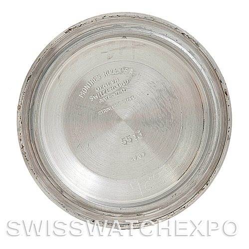 The image shows the interior case back of a Rolex Vintage Collection 5512 Men's Stainless Steel Brown Dial 5512 Men's Stainless Steel Brown Dial watch, engraved with brand and model details.