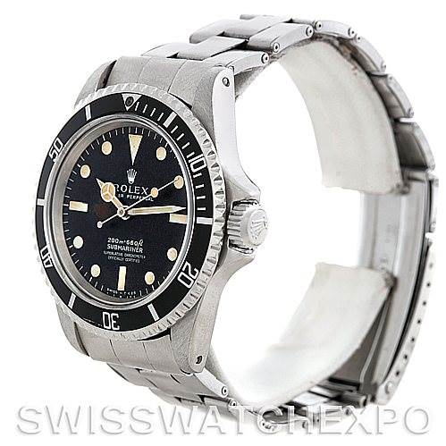 This image shows a side view of a Rolex Vintage Collection 5512 Men's Stainless Steel Brown Dial 5512 Men's Stainless Steel Brown Dial Submariner, featuring its bezel, crown, dial, and stainless steel bracelet.