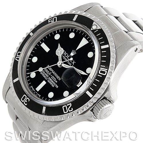 The image shows a close-up, angled view of a Rolex Vintage Collection 1680 Men's Stainless Steel  1680 Men's Stainless Steel  Submariner watch, focusing on the dial, bezel, and part of the bracelet.