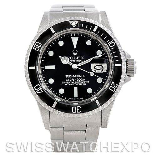 This image shows a front view of a Rolex Vintage Collection 1680 Men's Stainless Steel  1680 Men's Stainless Steel  Submariner watch, displaying its dial, bezel, and bracelet.
