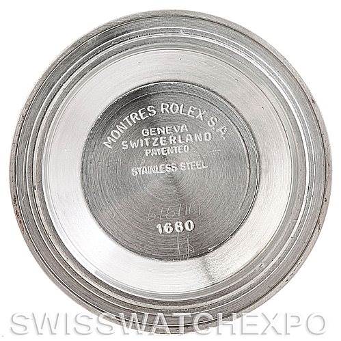 This image shows the inside case back of a Rolex Vintage Collection 1680 Men's Stainless Steel  1680 Men's Stainless Steel  model, stamped with brand details and material information.