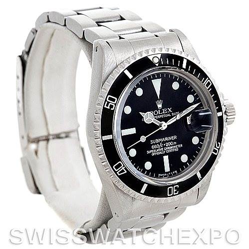 The image shows a semi-side view of a Rolex Vintage Collection 1680 Men's Stainless Steel  1680 Men's Stainless Steel  Submariner watch, displaying its black dial, bezel, and stainless steel bracelet.