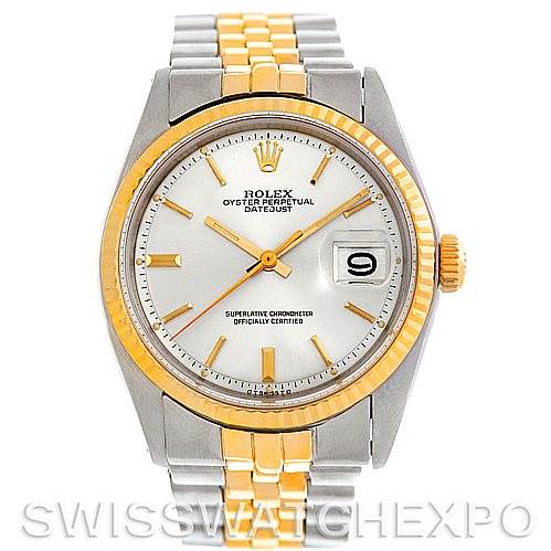 The image shows a front view of the Rolex Vintage Collection 1601 Men's Steel and Gold (two tone) Silver Dial 1601 Men's Steel and Gold (two tone) Silver Dial Oyster Perpetual Datejust watch, highlighting the dial, bezel, and two-tone bracelet.