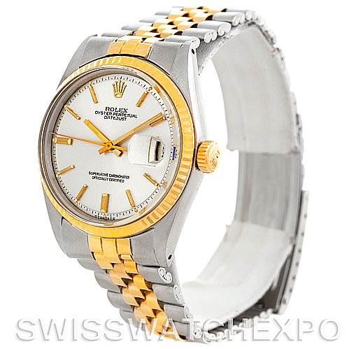 This image shows a Rolex Vintage Collection 1601 Men's Steel and Gold (two tone) Silver Dial 1601 Men's Steel and Gold (two tone) Silver Dial watch at an angle highlighting the face, bezel, bracelet, crown, and clasp.
