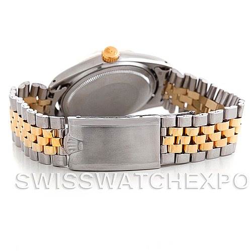 The image shows the back view of a Rolex Vintage Collection 1601 Men's Steel and Gold (two tone) Silver Dial 1601 Men's Steel and Gold (two tone) Silver Dial model watch, highlighting the clasp and two-tone metal bracelet.