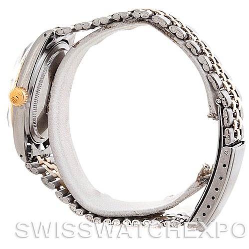 This image shows a side view of the Rolex Vintage Collection 1601 Men's Steel and Gold (two tone) Silver Dial 1601 Men's Steel and Gold (two tone) Silver Dial watch, focusing on the case, crown, and bracelet.