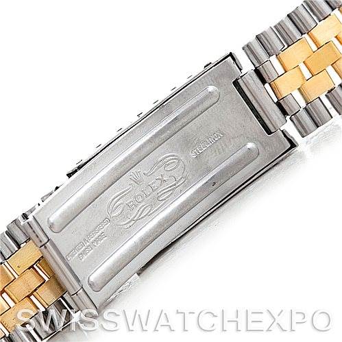 This image shows the clasp and part of the bracelet of the Vintage Collection Rolex watch, highlighting its two-tone design.