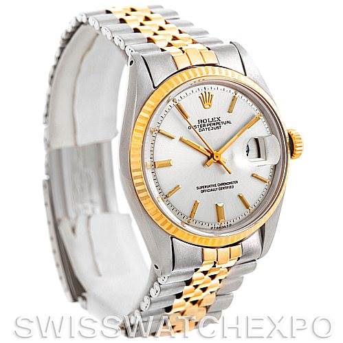 This is a front-angle view of a Rolex Vintage Collection 1601 Men's Steel and Gold (two tone) Silver Dial 1601 Men's Steel and Gold (two tone) Silver Dial watch, showing the dial, bezel, case, and two-tone bracelet.