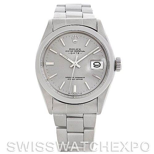 The image shows a front view of a Vintage Collection Rolex Oyster Perpetual Date watch, displaying the dial, hour markers, hands, and bracelet.