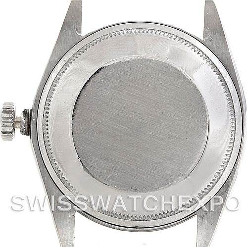 This image shows the back case and the crown of a Rolex Vintage Collection 1500 Men's Stainless Steel Silver Dial 1500 Men's Stainless Steel Silver Dial watch from a top-down angle.