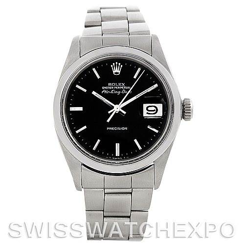 The image shows a frontal view of a Rolex Vintage Collection 5700 Men
s Stainless Steel Black Dial 5700 Men
s Stainless Steel Black Dial Air-King-Date watch, displaying the dial, case, bracelet, and date window.