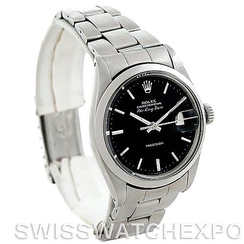 The Rolex Vintage Collection 5700 Men
s Stainless Steel Black Dial 5700 Men
s Stainless Steel Black Dial Air-King Date watch is shown at an angle, displaying its stainless steel bracelet, black dial, and crown.