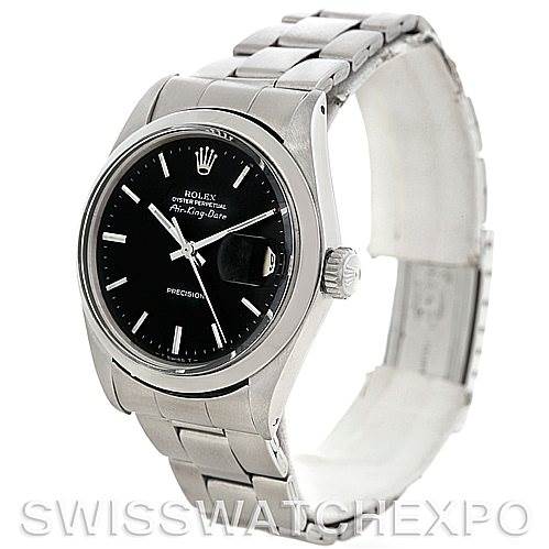 The image shows a Rolex Vintage Collection 5700 Men
s Stainless Steel Black Dial 5700 Men
s Stainless Steel Black Dial watch at an angled front view, highlighting the black dial, crown, and stainless steel bracelet.