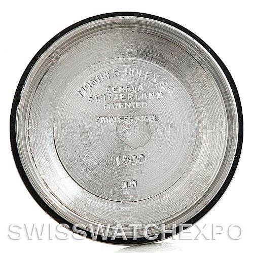 This is the inner case back of a Vintage Collection Rolex watch, showing engraved details, including "1500" and "Stainless Steel."
