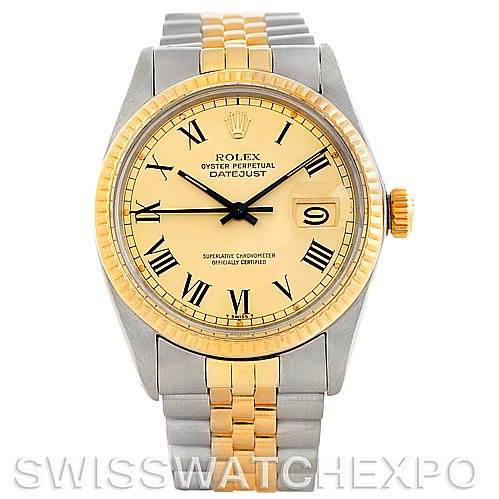 The image shows a front view of the Rolex Vintage Collection 16013 Men's Stainless Steel Champagne Dial 16013 Men's Stainless Steel Champagne Dial Datejust watch, highlighting the face, bezel, and bracelet.