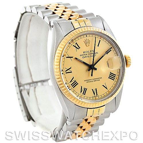 This Rolex Vintage Collection 16013 Men's Stainless Steel Champagne Dial 16013 Men's Stainless Steel Champagne Dial model shows the face, bezel, and portion of the band, highlighting its two-tone gold and silver design.