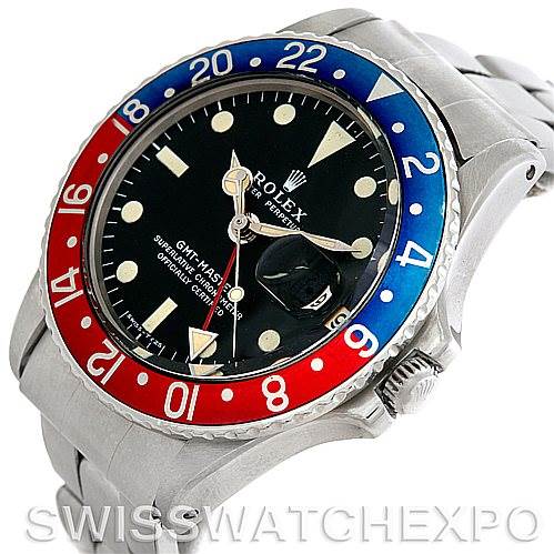 This image shows a Rolex Vintage Collection 1675 Men's Stainless Steel Black Dial 1675 Men's Stainless Steel Black Dial GMT Master watch at an angled side view, highlighting its bezel, crown, dial, and bracelet.