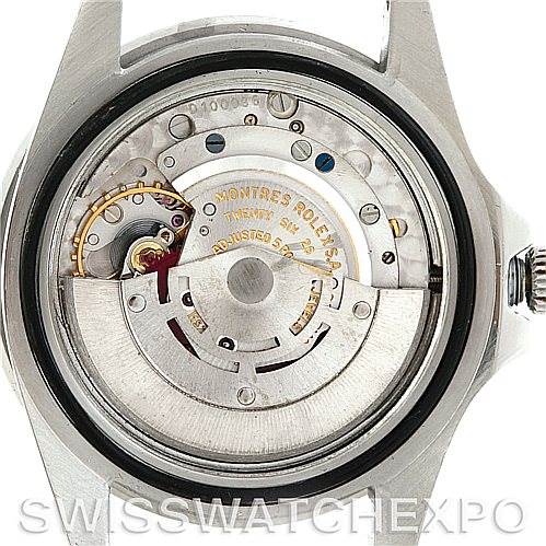 The image shows the case back removed, revealing the movement and internal mechanics of the Rolex Vintage Collection 1675 Men's Stainless Steel Black Dial 1675 Men's Stainless Steel Black Dial watch.