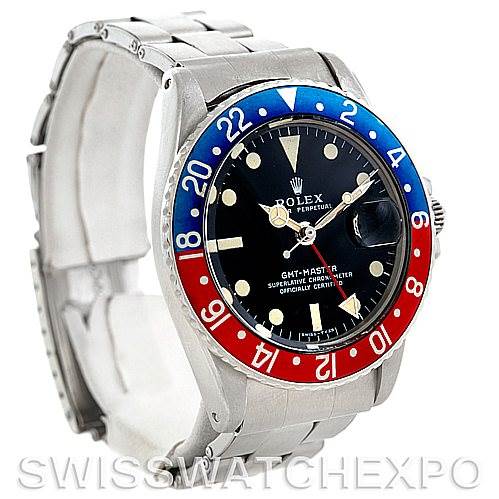 The image shows a Rolex Vintage Collection 1675 Men's Stainless Steel Black Dial 1675 Men's Stainless Steel Black Dial GMT-Master watch, angled to display its face, bezel, and part of the bracelet.