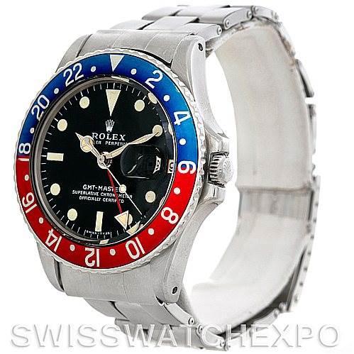 The image shows a Vintage Collection Rolex GMT-Master II from a front-angle view, highlighting the bezel, dial, and bracelet.