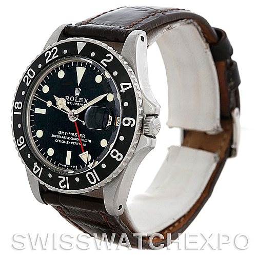 The watch shown is a Rolex Vintage Collection 1675 Men's Stainless Steel Black Dial 1675 Men's Stainless Steel Black Dial GMT-Master, angled to display the face, bezel, crown, and leather strap.