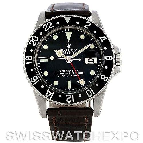 This image shows a front view of a Rolex Vintage Collection 1675 Men's Stainless Steel Black Dial 1675 Men's Stainless Steel Black Dial GMT-Master watch with a black face and leather strap.