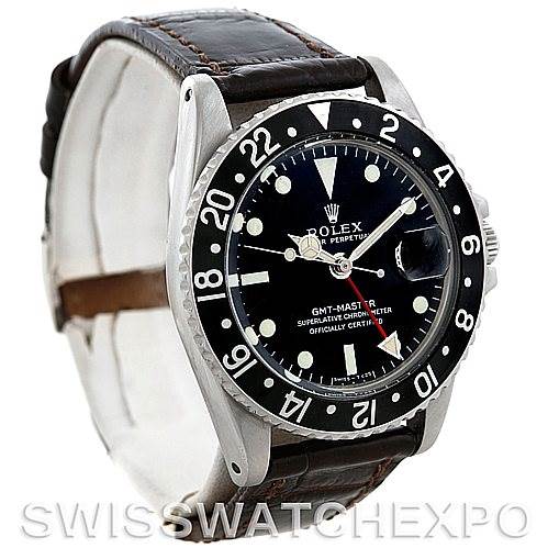 This image shows a front angle view of the Rolex Vintage Collection 1675 Men's Stainless Steel Black Dial 1675 Men's Stainless Steel Black Dial GMT-Master wristwatch, highlighting the dial, bezel, and leather strap.