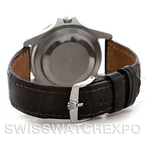 The image shows the back of a Rolex Vintage Collection 1675 Men's Stainless Steel Black Dial 1675 Men's Stainless Steel Black Dial model watch with a leather strap and clasp visible.