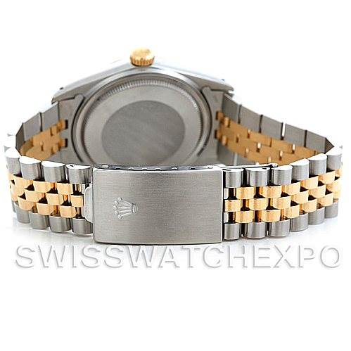 The image shows the back view of a Rolex Vintage Collection 16013 Men's Stainless Steel White Dial 16013 Men's Stainless Steel White Dial watch, highlighting the case back and two-tone bracelet.