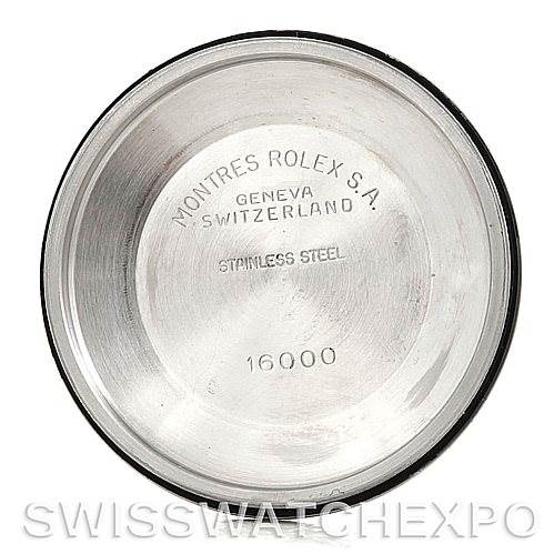 This image shows the interior case back of a Rolex Vintage Collection 16013 Men's Stainless Steel White Dial 16013 Men's Stainless Steel White Dial watch, featuring engraving details such as "MONTRES ROLEX S.A." and "16000."
