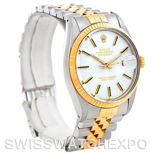 The image shows a Rolex Vintage Collection 16013 Men's Stainless Steel White Dial 16013 Men's Stainless Steel White Dial Datejust watch from a side angle, highlighting the face, bezel, and two-tone bracelet.